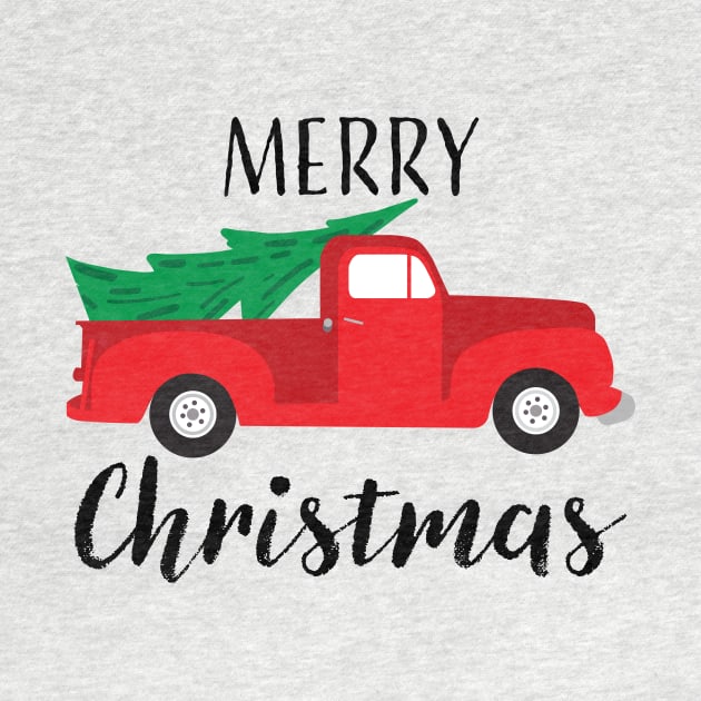 Merry Christmas with red vintage truck and tree by JDawnInk